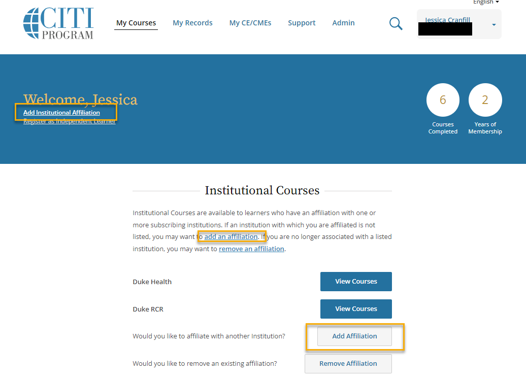 CITI Screen illustrating above instructions