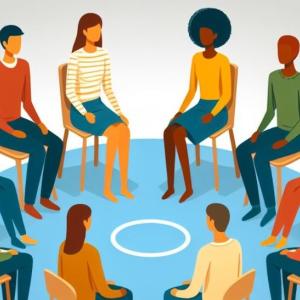 Cartoon depictions of individuals sitting in chairs in circle