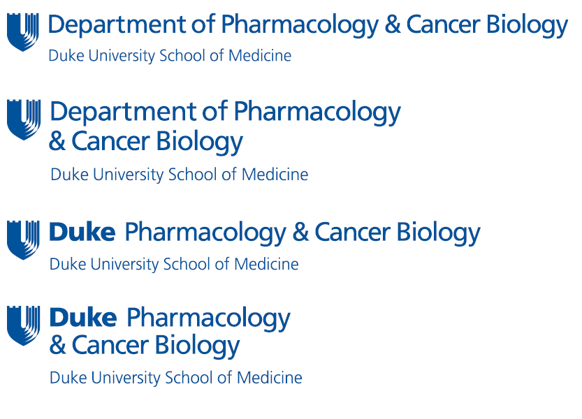 Four versions of the Department of Pharmacology & Cancer Biology Logo