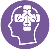silhouette of a head in profile with a plus sign with the outline of a brain in it. 