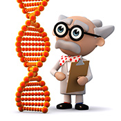 Cartoon Scientist with gray hair and moustache looking at a double helix strand of DNA. 