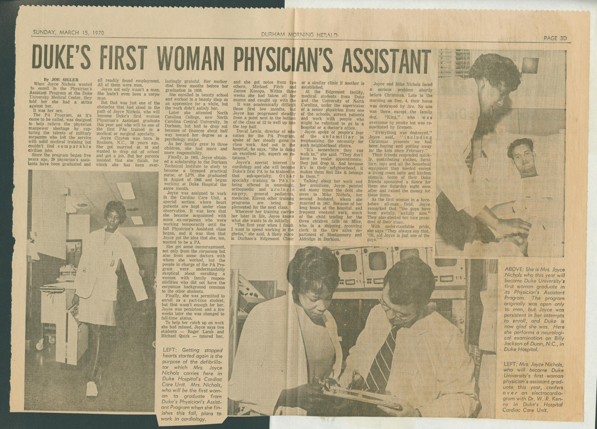Joyce Nichols 1970 Durham Morning Herald article