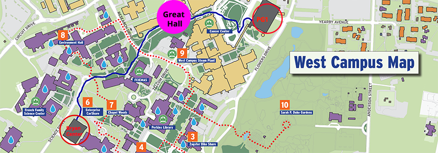 map of west campus with PG1 and Bryan Center parking lots marked.