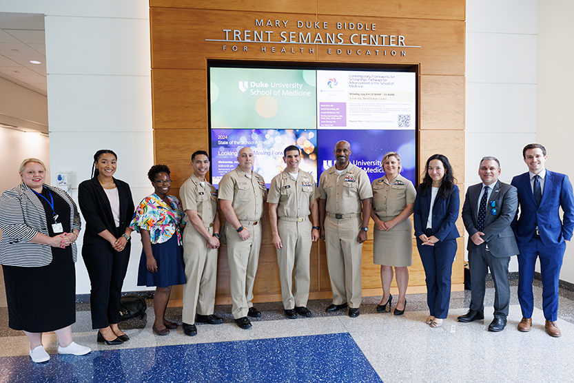 A delegation of Navy officers including U.S. Navy Deputy Surgeon General Rear Admiral Rick Freedman made the trek to Durham to increase awareness of Navy medicine and build bridges to the overall Duke Health community, including the School of Nursing, Family Medicine and Community Health, the Physician’s Assistant Program and Surgery. (Eamon Queeney / Duke University School of Medicine)