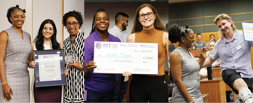 Michelle P. Winn Student Award winner Anivarya Kumar, Maddiy Segal, Mechanical Engineering and Materials Science student, and Gus Lowry, Biochemistry PhD student.