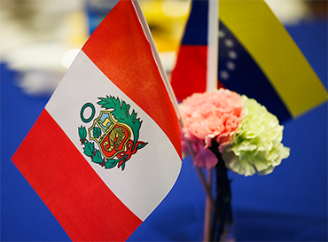 A detailed look at the Peruvian & Venezuelan flags decorating the tables during ¡DALHE!’s Pesado & Perspectiva event