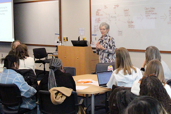 Dr. Hooper addressing an audience of prosective Duke OTD students