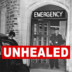 Podcast Icon - the old Duke emergency room entrance with the word Unhealed across the front