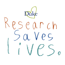 The words Duke Research Saves Live in a child's handwriting and written in crayon