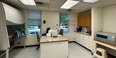 Compact clinical lab featuring a biosafety cabinet, central workstation with computer, white cabinetry, bench-top instruments, and natural light from two windows.