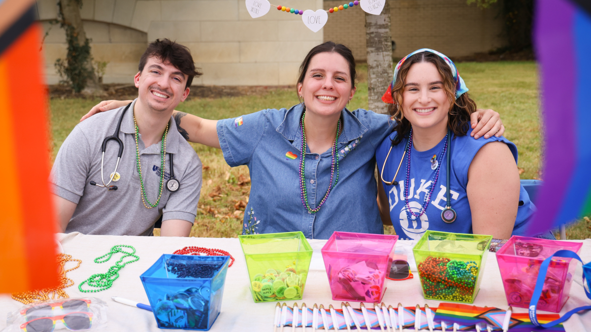 Students from Duke University School of Medicine share resources at their booth during the Health & Wellness Kickback. The nursing school was among the 12 Duke Health units participating in the kickback on Saturday.  