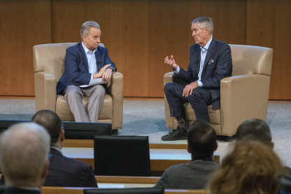 Seated on left, Mark McClellan, MD, PhD, director of the Duke-Margolis Institute for Health Policy; seated on right: Bill Frist, chair of the global board of The Nature Conservancy and former Senate majority leader
