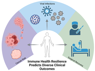 Outline of a human surrounded by 3/4 of a circle in which are predictors of clinical outcomes - cancer risk, viral infections and surgical outcomes