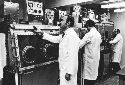 Dr. Dani Bolognesi, Dr. Bigner, and Dr. A.J. Langlois (left to right), working in the Animal and Laboratory Isolation Faculity, are studying the links between viruses and cancer.