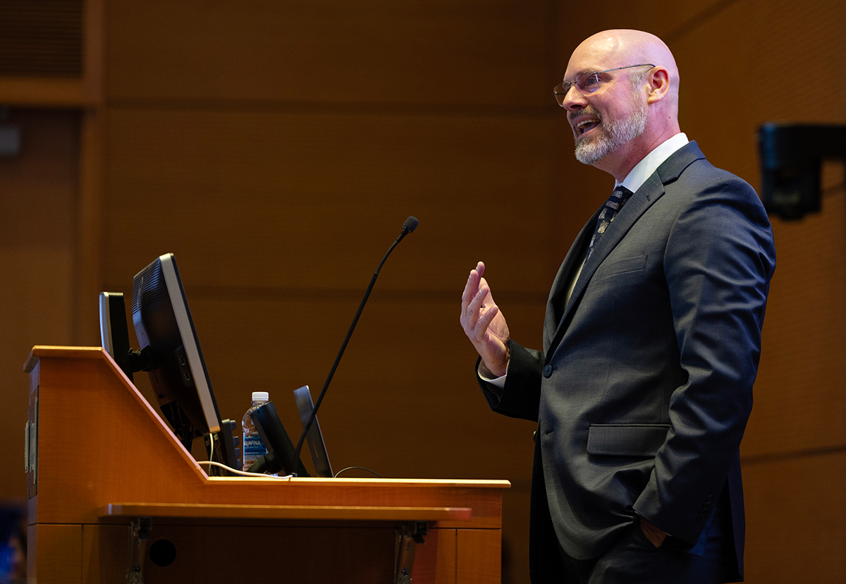 amie Fox, MD, addresses the students gathered for the Match Day