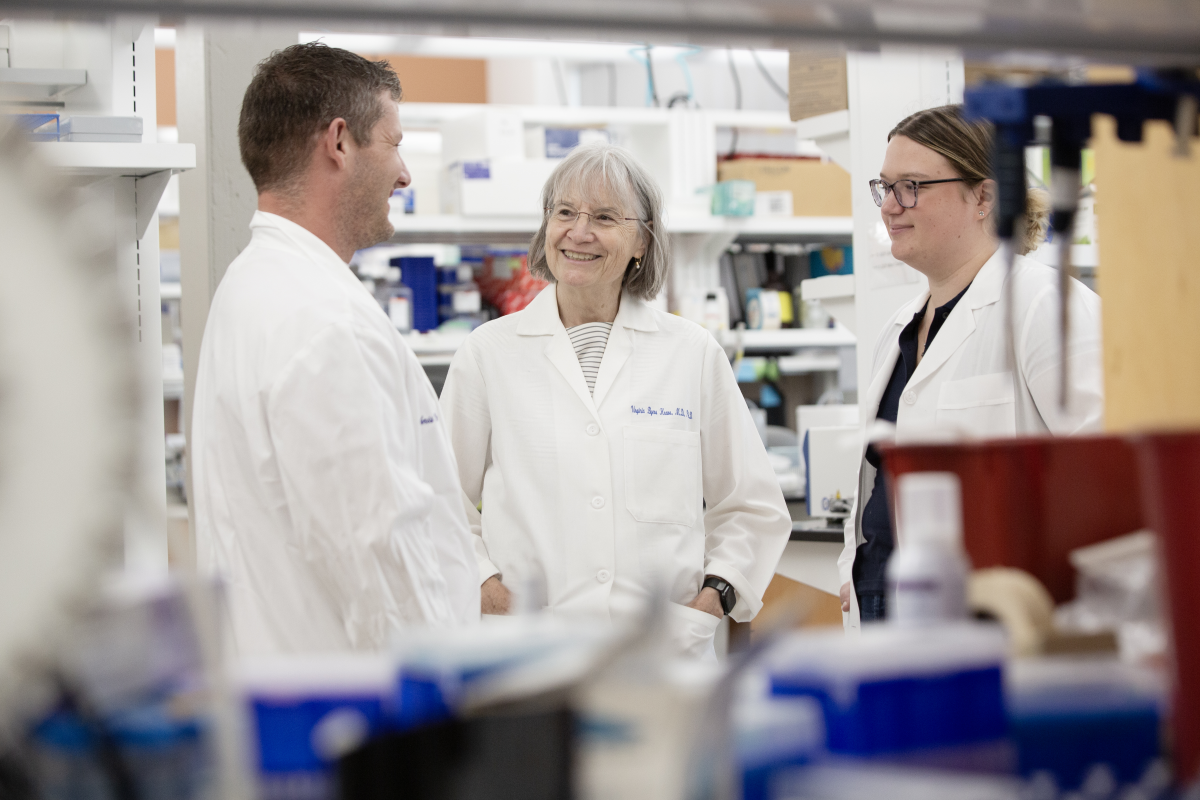 Virginia Byers Kraus, MD, PhD, seen here with lab assistants Chris Vann, PhD, and Abby Parker, has identified small RNA molecules that drive regeneration in ankle cartilage. 