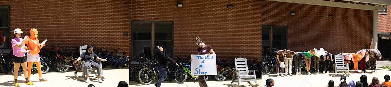 Collage of Duke PA students acting out the play for Burton elementary students. In first photo, a student is dressed as the Lorax. In second photo, a student is holding a sign reading "The world of no sleep". In third photo, Duke PA students are bowing after the skit.