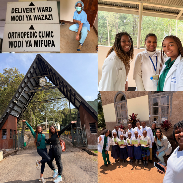 Collage of Daren in Tanzania. She is pictured with her classmates and patients/students at clinic.
