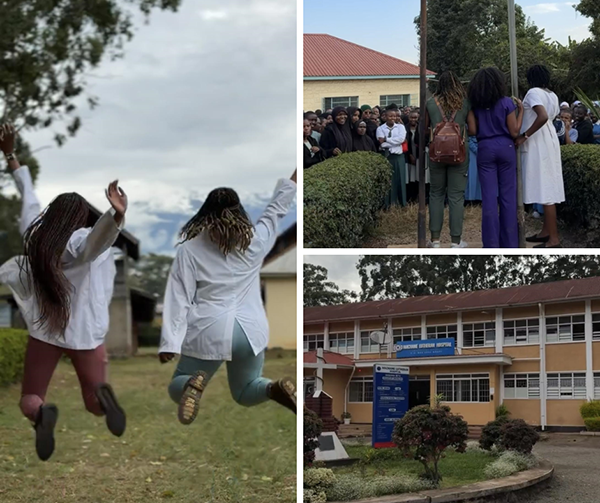 Collage of Daren in Tanzania with classmates. She is jumping in photo to the right. She is seen with students in Tanzania in top left photo and bottom right photo is of the clinic where she worked at.