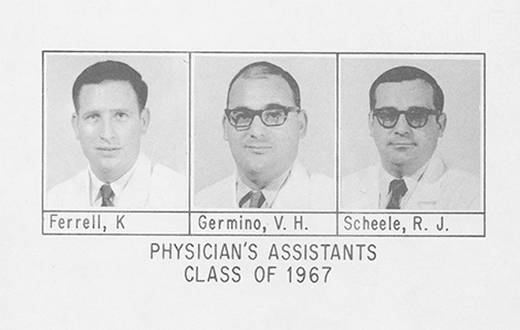 Photo of Duke Physician's Assistant First Class of 1967. Members were Ken Ferrell, Victor Germino and Richard Scheele.