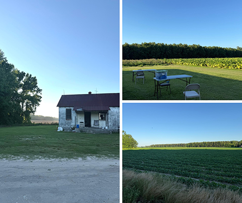 Collage of farm. Photo to the right shows an old shed on a far. The photo on the top left corner shows tables set up in the middle of farmland. The photo on bottom left shows farmland.