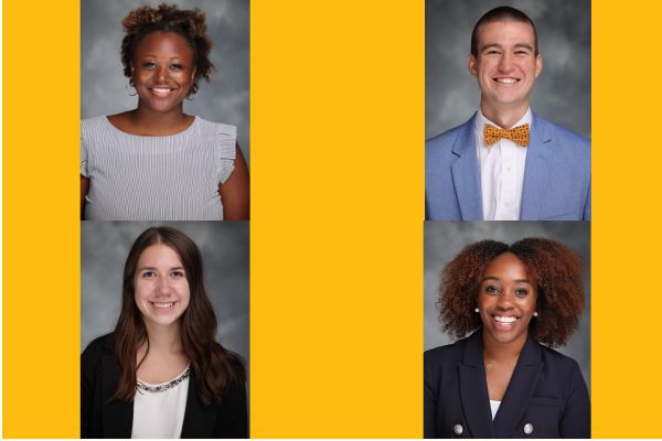 Four student headshots in a yellow background