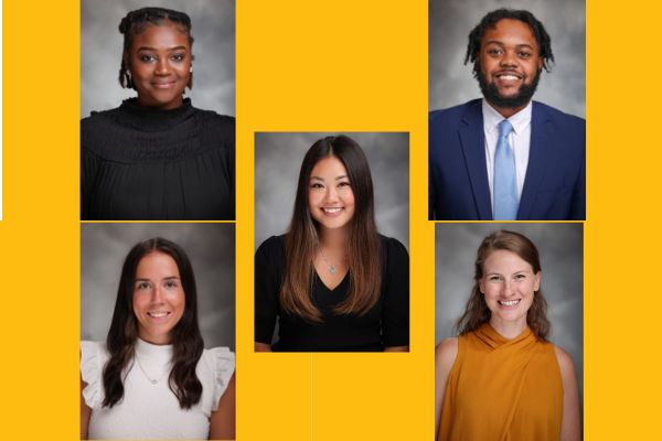 five student headshots on a yellow background 