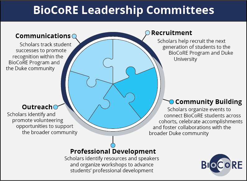Infographic explaining the main goals of the 5 BioCoRE Program leadership committees, which include "Recruitment", "Community Building", "Professional Development", "Outreach" and "Communications".