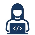 An icon of a person sitting with a laptop, which displays coding brackets (<>), representing a programmer or developer.