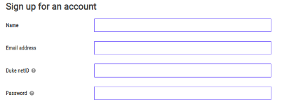 DUGSIM screenshot: sign up for an account: name, email, duke netID, Password