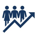 An icon showing three people standing together behind an upward trending arrow, symbolizing teamwork, growth, and progress.