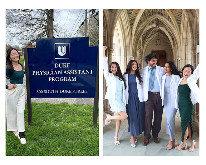 Fuka standing by Duke PA sign and Fuka with classmates