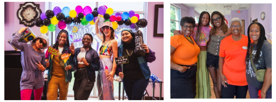 (Left photo) Left to Right: Event Organizers and Stead Diversity Members Yasmin Wells, Gabby Aiden, Lalita Ford, Jane Gray & Nishat Hossain.  (Right photo) Gabby Aiden (far right) with her newfound local family at Anissa's Spot