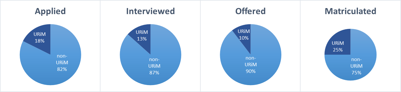 4 Pie graphs displaying URM distribution for Applied, Offered, Interviewed and Matriculated MSTP applicants