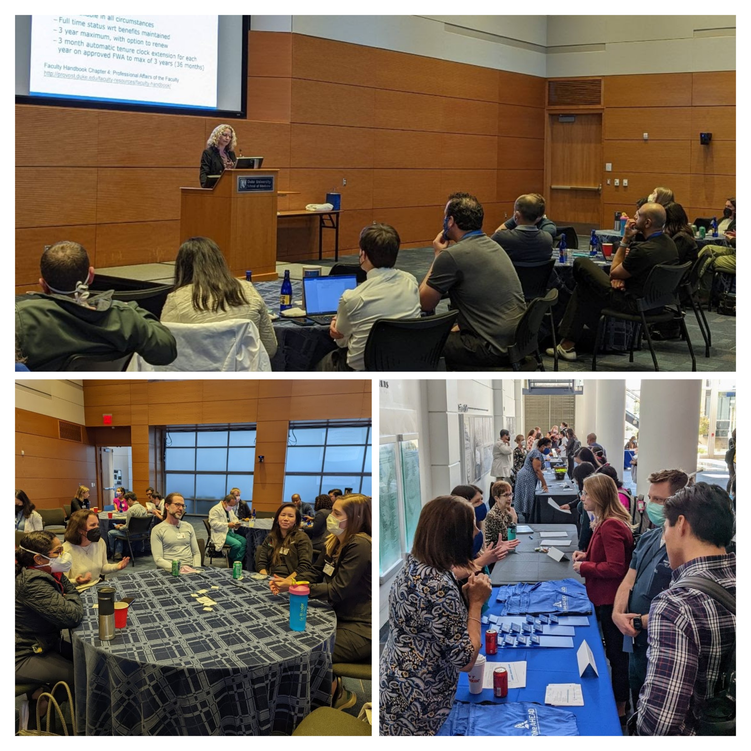 Speakers and attendees at tables at new faculty orientation