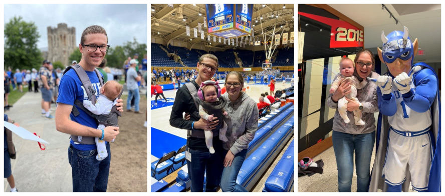 Three picture collage: Nick with baby in carrier, Nick, wife and baby at Cameron Indoor Stadium, and Nick's baby and wife with the blue devil mascot