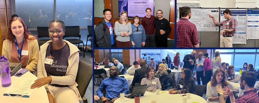 collage of 4 pictures. Left: two woman sitting at a table. Top Middle: five people standing in a group; Top Right man presenting scientific poster; Bottom, Room full of people attending a conference