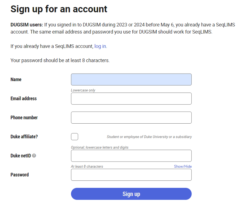 Screenshot from SeqLIMS; Sign up for an account. Shows a form to fill out available on the SeqLIMS page