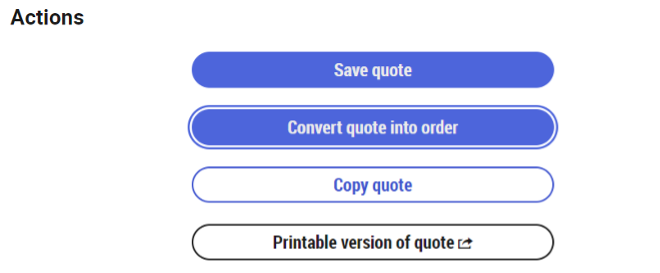 SeqLIMS screenshot: Actions: Save quote, convert quote into order, copy quote, printable version of quote