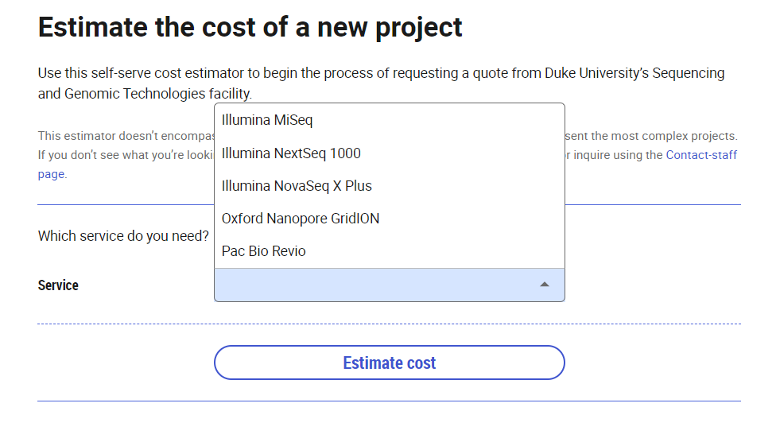 Screenshot in SeqLIMS to estimate cost of a new project