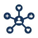 An icon of a person at the center with five connected lines extending outward. Each line ends in a circle containing symbols: hearts, thumbs-up, and a plus sign, representing social connections, likes, and positive interactions.