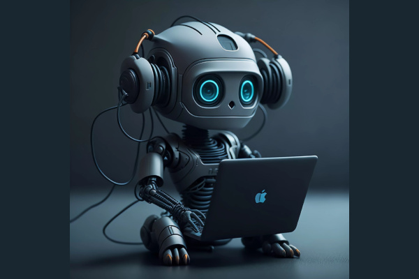 A small cute robot playing on a computer
