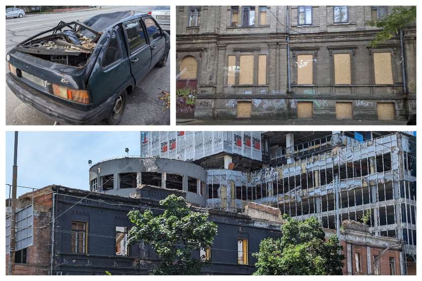 Damaged buildings and car