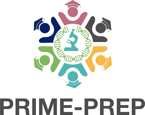 The acronym PRIME-PREP beneath a circle of colorful figures enclosing a DNA helix and microscope
