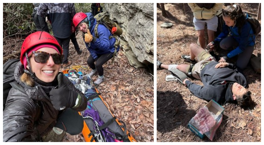 (left) 2nd year students Reilly and Emma on their Wilderness Medicine Elective (right) Sabrina checking lung sounds after simulating a needle decompression