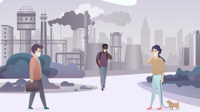 Illustration of people wearing masks with factory smokestacks in the background