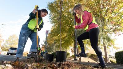 two students planting trees