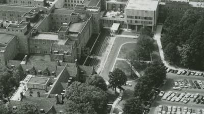 BW arial view of the Duke Health Center in the 1950s
