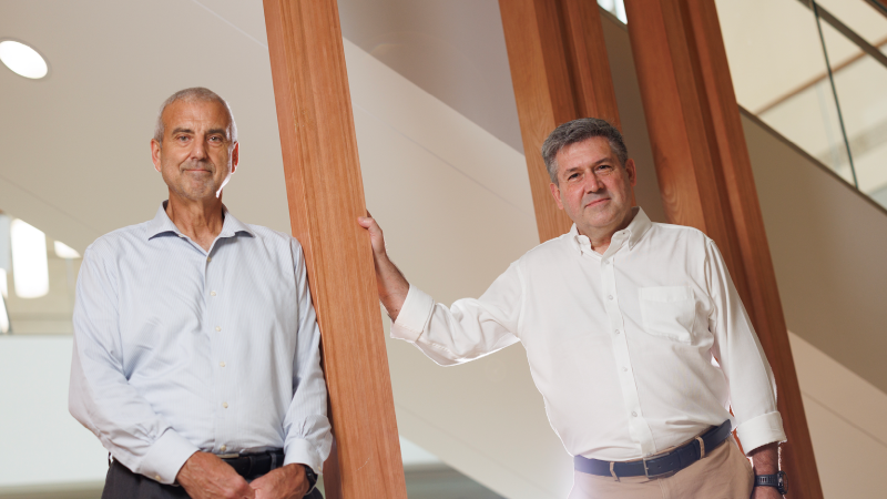 Scott Antonia, MD, PhD, professor of medicine and director of the Duke Cancer Institute for Cancer Immunotherapy, left, and Jose Conejo-Garcia, MD, PhD, professor of immunology and integrative immunobiology, right