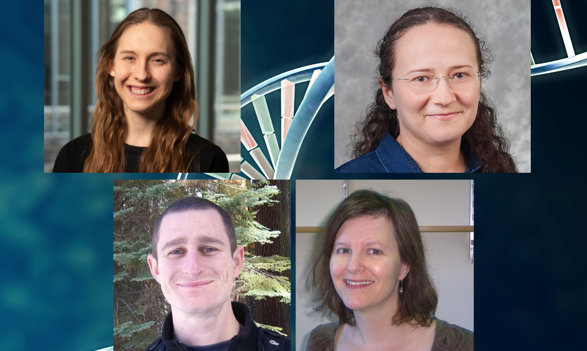 four headshots: Lexi bounds, Raluca Gordan, Craig Lowe, Debra Silver; image of artistic DNA in background. Logos for Duke Precision Genomics Collaboratory and Duke Center for Advanced Genomic Technologies